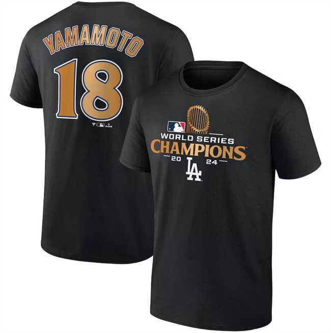 Men's Los Angeles Dodgers #18 Yoshinobu Yamamoto Black 2024 World Series Champions Name & Number T-Shirt,We sell and wholesale Men's Los Angeles Dodgers #18 Yoshinobu Yamamoto Black 2024 World Series Champions Name & Number T-Shirt on line form chian!